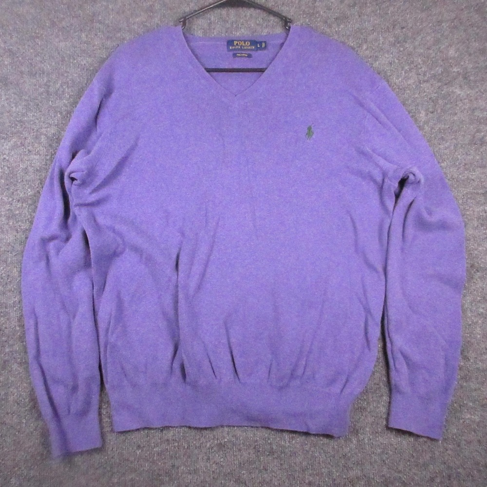 Polo Ralph Lauren Sweater Mens Large Purple Pima Cotton V Neck Pullover Logo